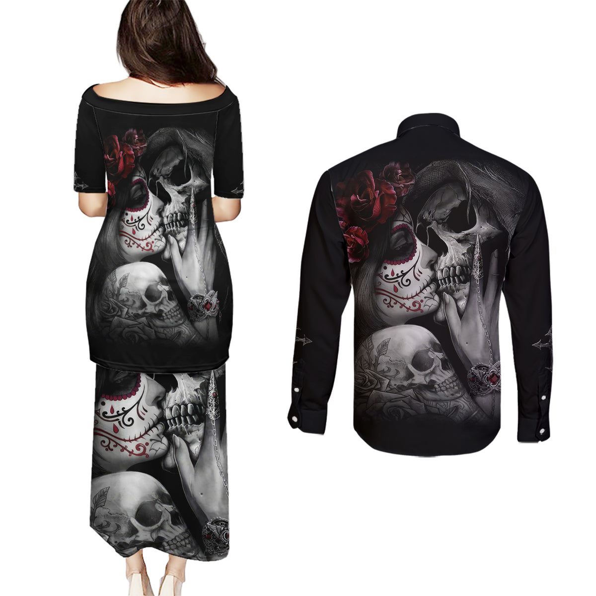 Skull Couples Matching Puletasi Dress and Long Sleeve Button Shirts Death Angel And Da de Muertos Girl - Wonder Print Shop
