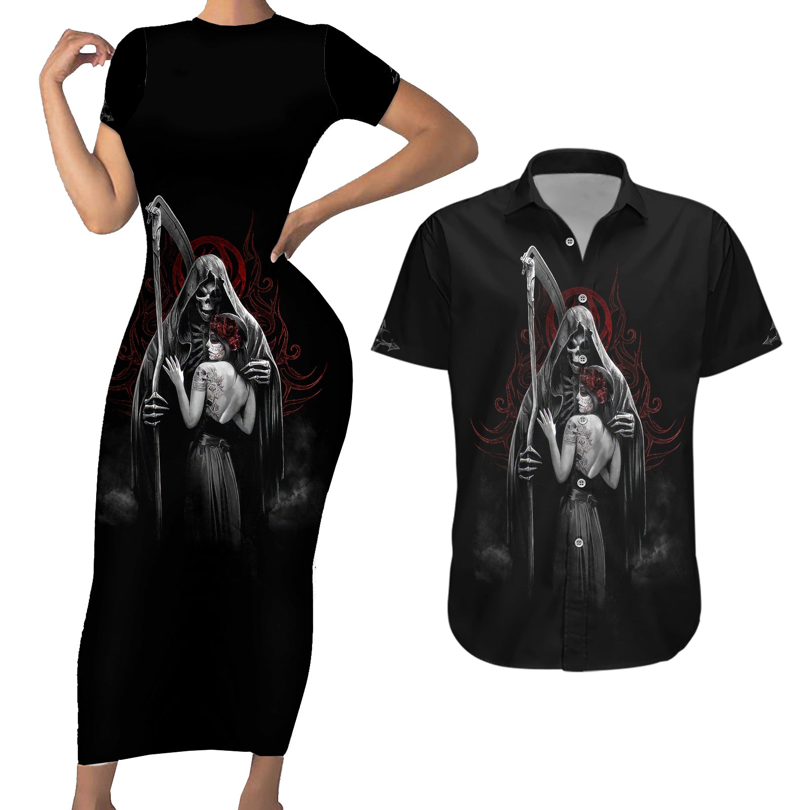 Skull Couples Matching Short Sleeve Bodycon Dress and Hawaiian Shirt Death Angel And Da de Muertos Girl - Wonder Print Shop