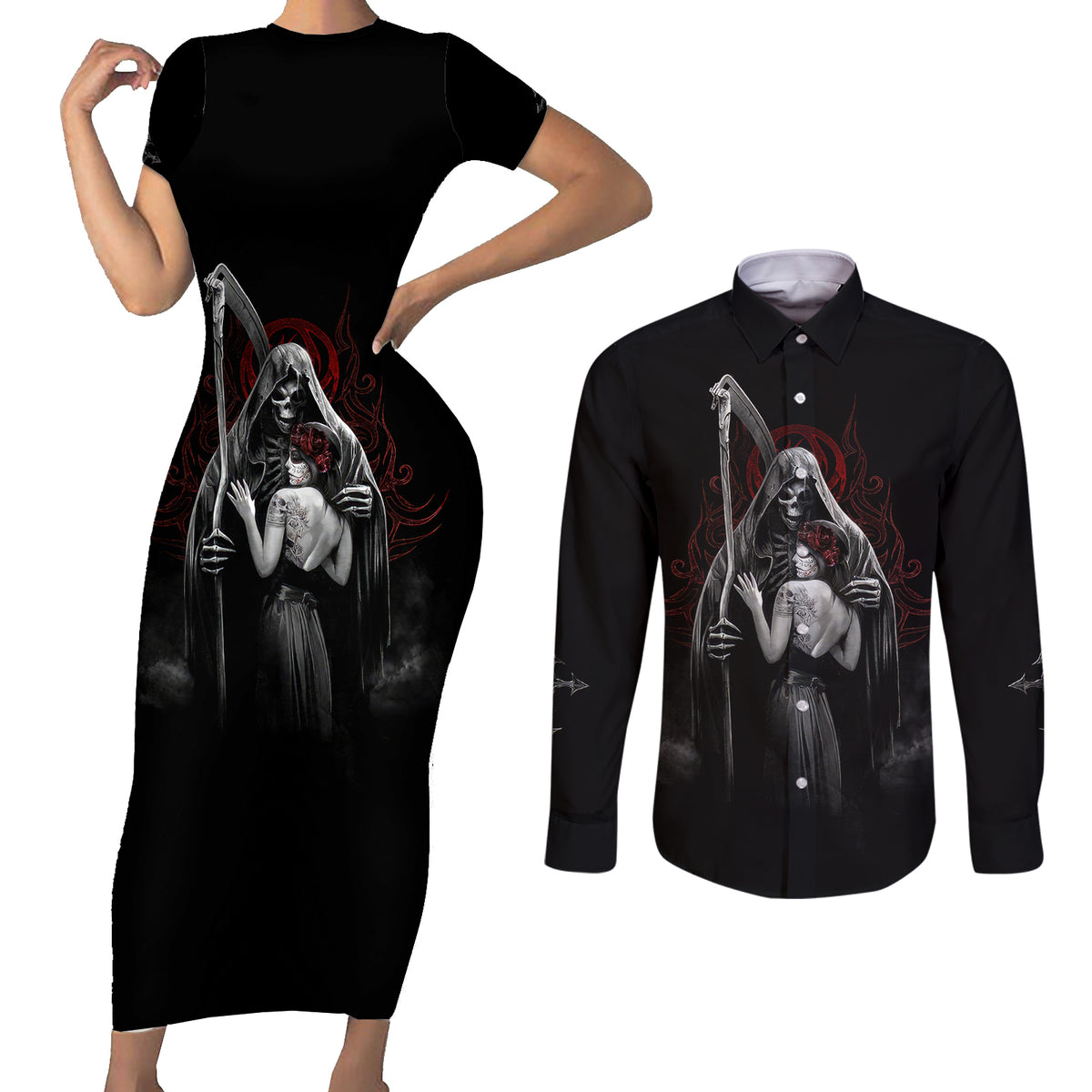 Skull Couples Matching Short Sleeve Bodycon Dress and Long Sleeve Button Shirts Death Angel And Da de Muertos Girl - Wonder Print Shop