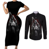 Skull Couples Matching Short Sleeve Bodycon Dress and Long Sleeve Button Shirts Death Angel And Da de Muertos Girl - Wonder Print Shop