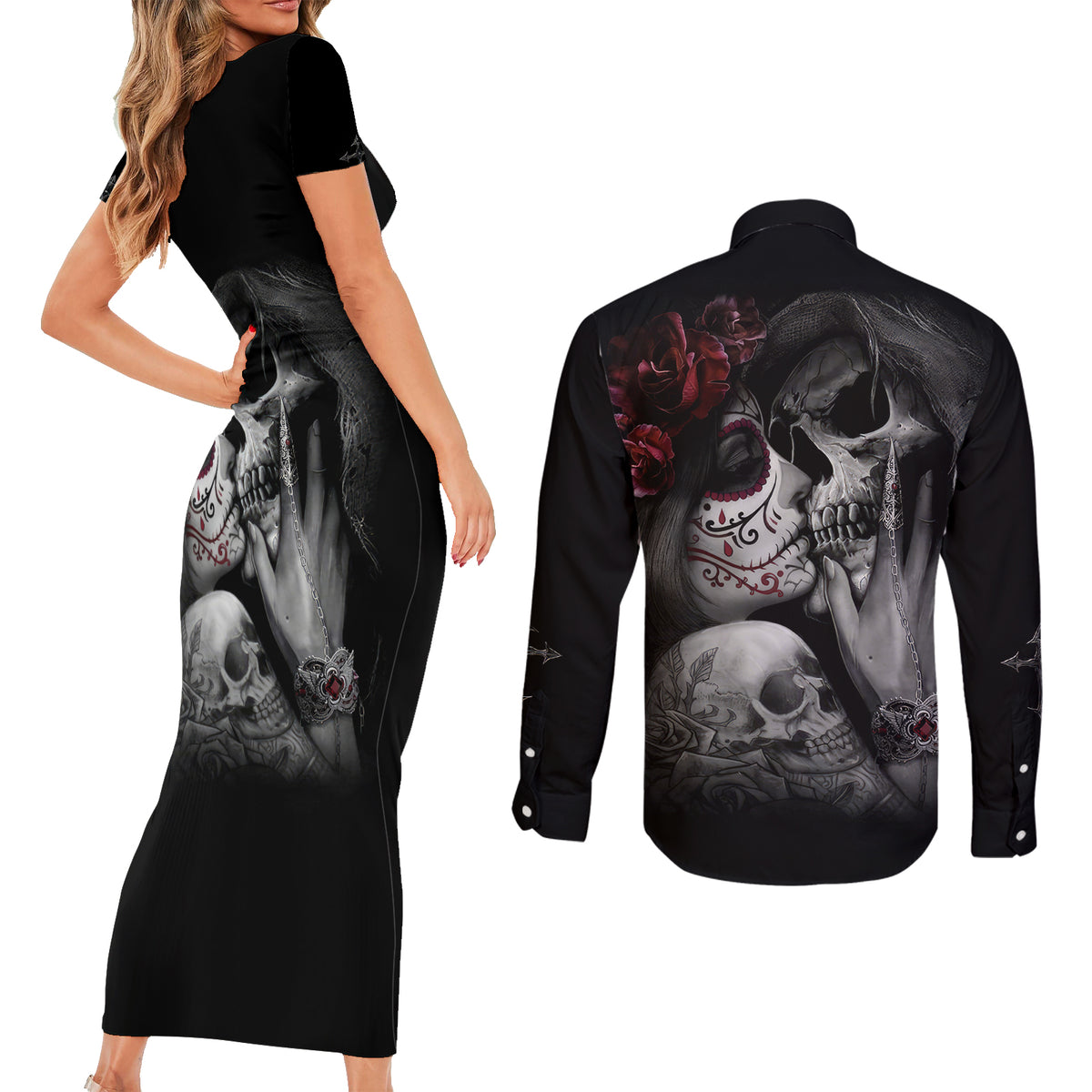 Skull Couples Matching Short Sleeve Bodycon Dress and Long Sleeve Button Shirts Death Angel And Da de Muertos Girl - Wonder Print Shop