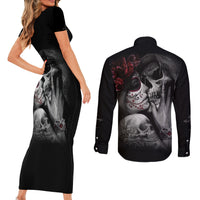 Skull Couples Matching Short Sleeve Bodycon Dress and Long Sleeve Button Shirts Death Angel And Da de Muertos Girl - Wonder Print Shop