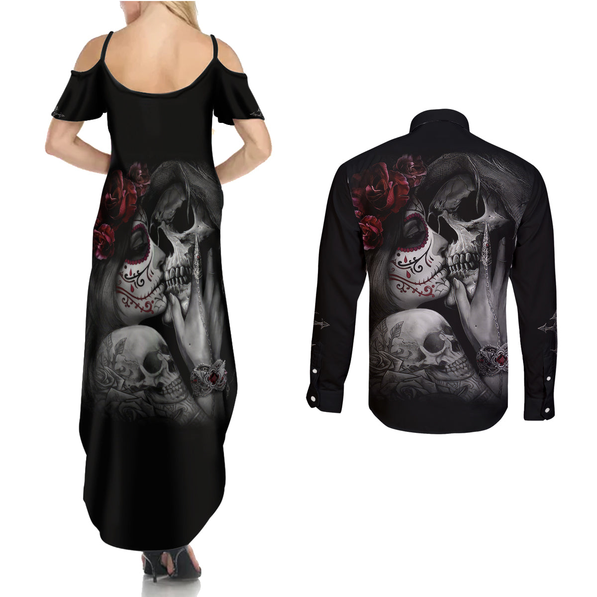 Skull Couples Matching Summer Maxi Dress and Long Sleeve Button Shirts Death Angel And Da de Muertos Girl - Wonder Print Shop