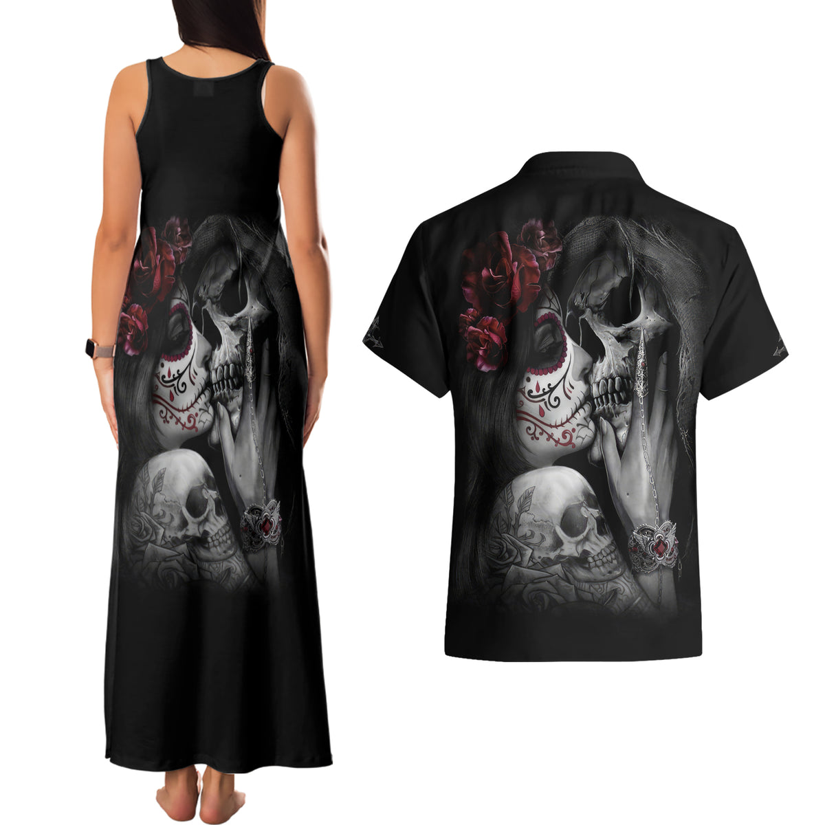 Skull Couples Matching Tank Maxi Dress And Hawaiian Shirt Death Angel And Da de Muertos Girl - Wonder Print Shop