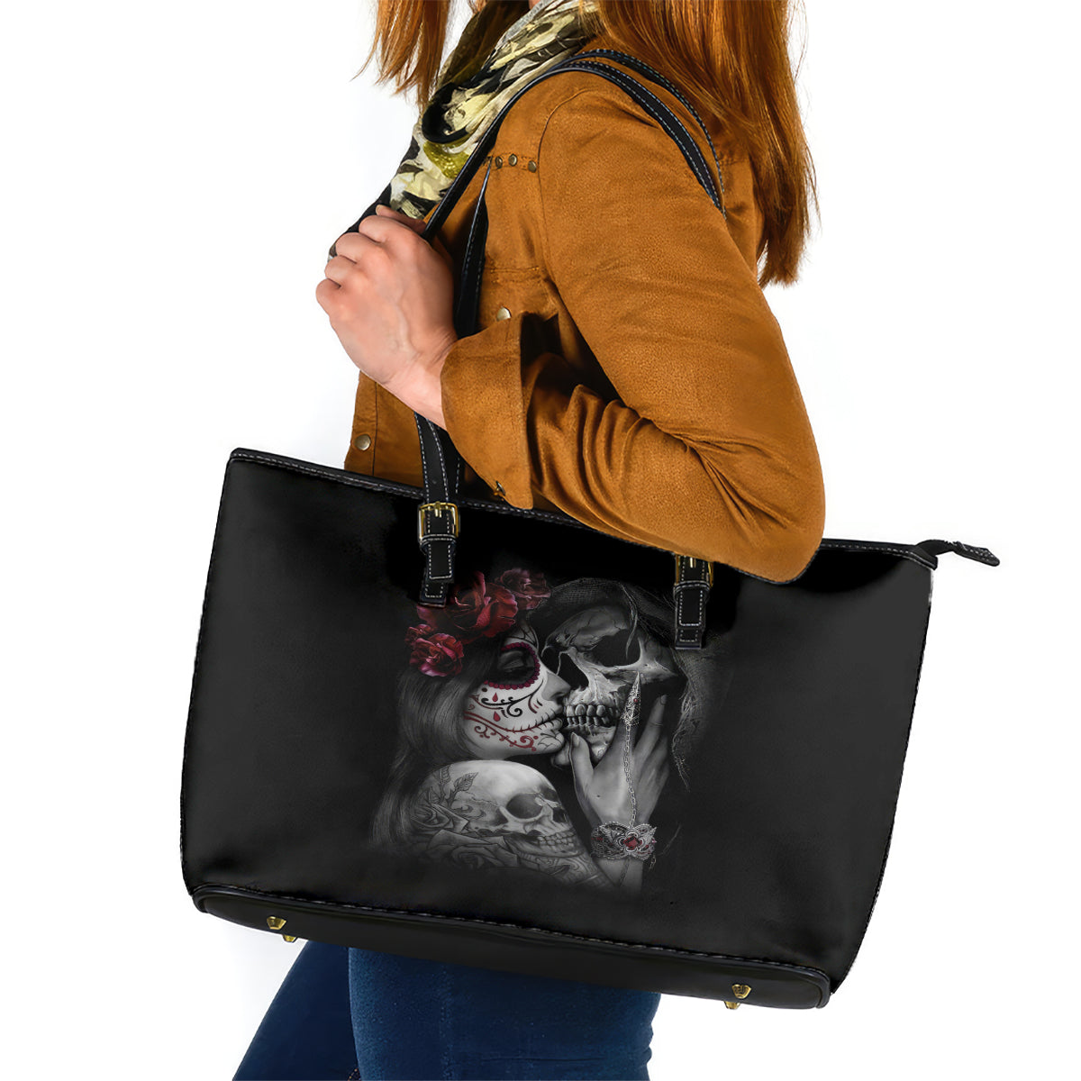 Skull Leather Tote Bag Death Angel And Da de Muertos Girl - Wonder Print Shop