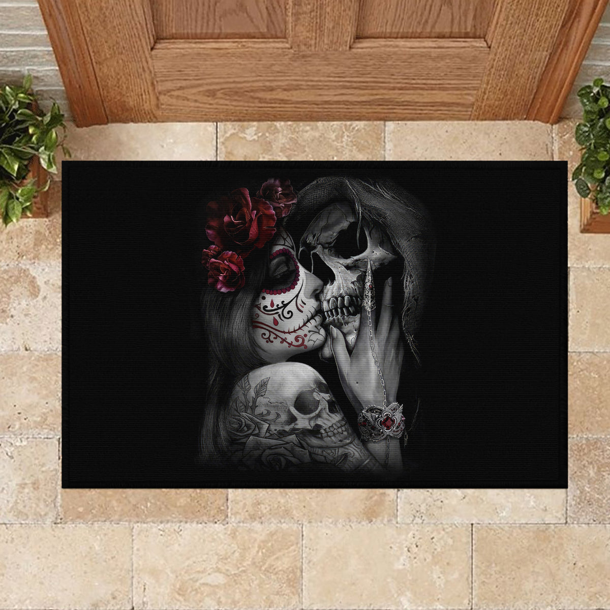 Skull Rubber Doormat Death Angel And Da de Muertos Girl - Wonder Print Shop
