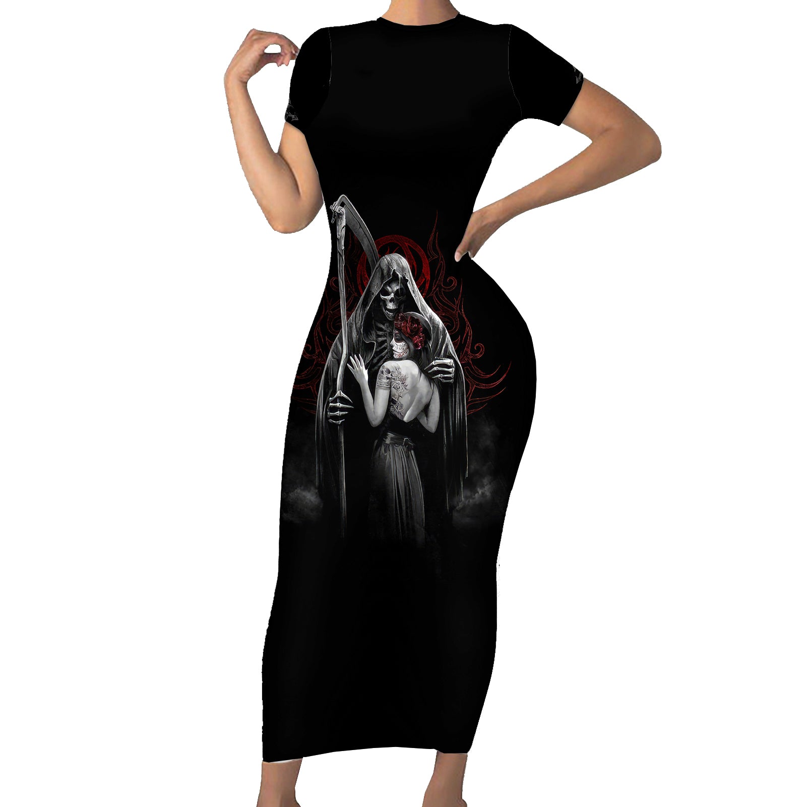 Skull Short Sleeve Bodycon Dress Death Angel And Da de Muertos Girl - Wonder Print Shop