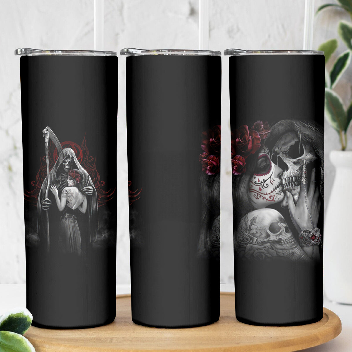 Skull Skinny Tumbler Death Angel And Da de Muertos Girl - Wonder Print Shop