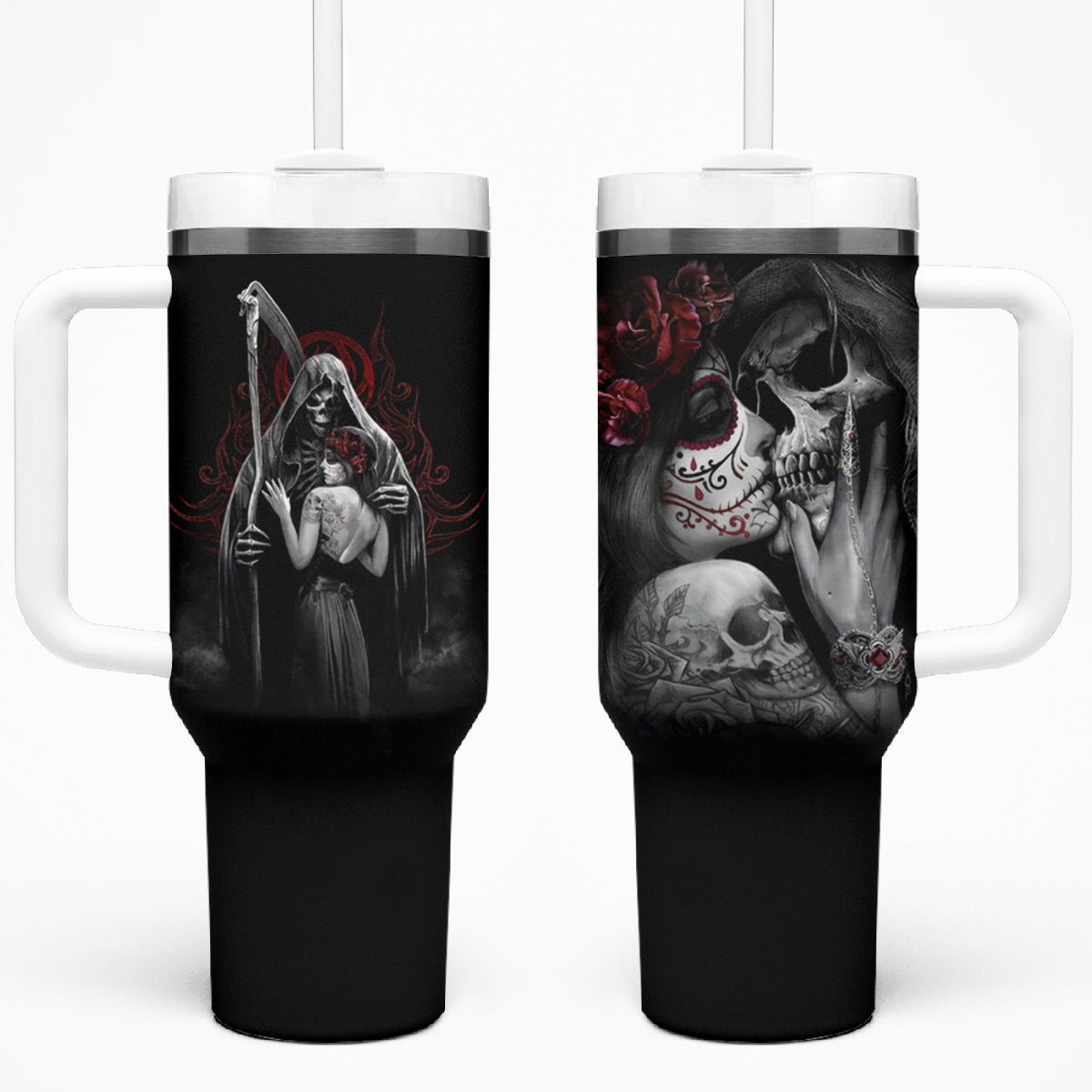Skull Tumbler With Handle Death Angel And Da de Muertos Girl - Wonder Print Shop
