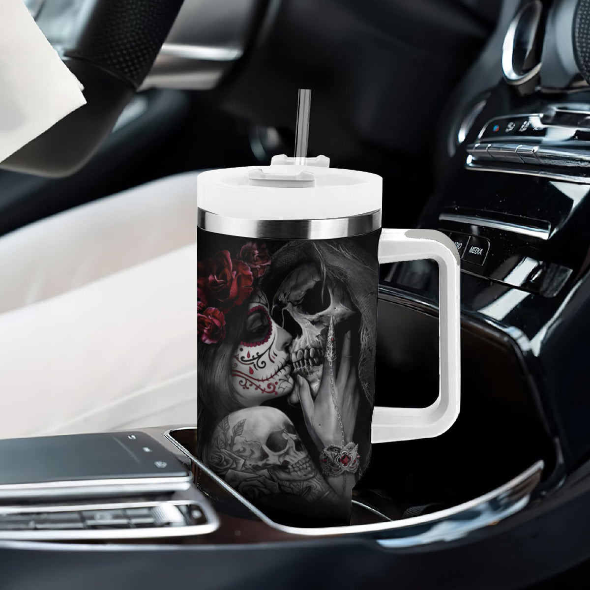 Skull Tumbler With Handle Death Angel And Da de Muertos Girl - Wonder Print Shop