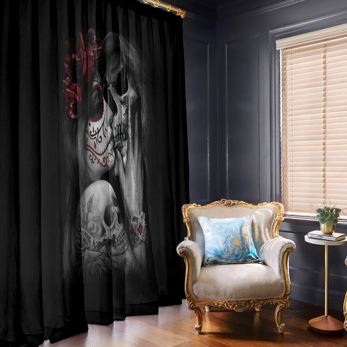 Skull Window Curtain Death Angel And Da de Muertos Girl - Wonder Print Shop