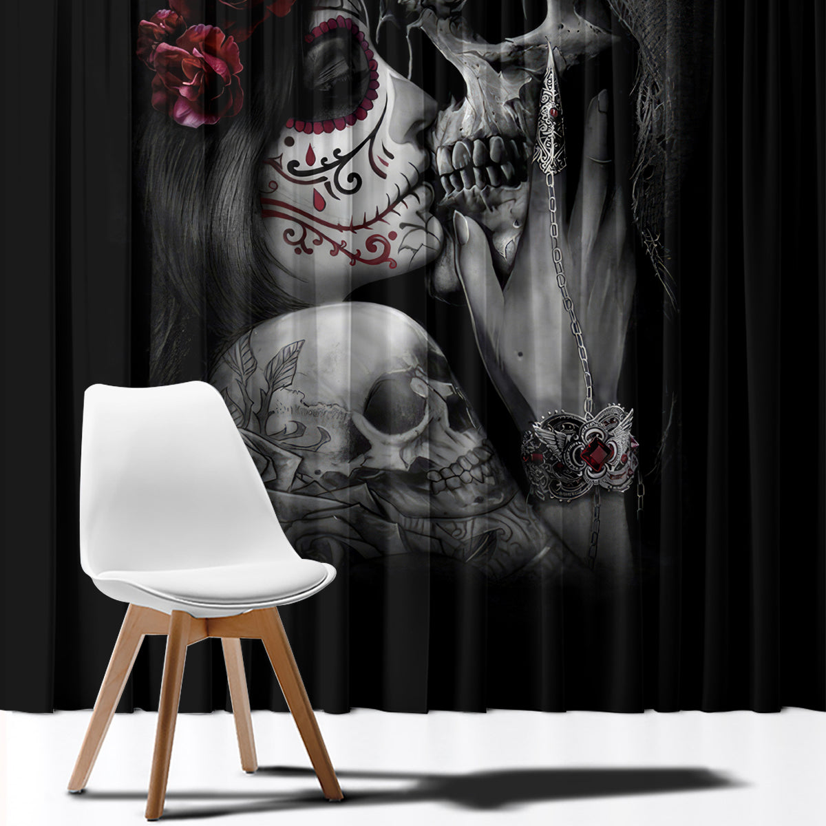 Skull Window Curtain Death Angel And Da de Muertos Girl - Wonder Print Shop