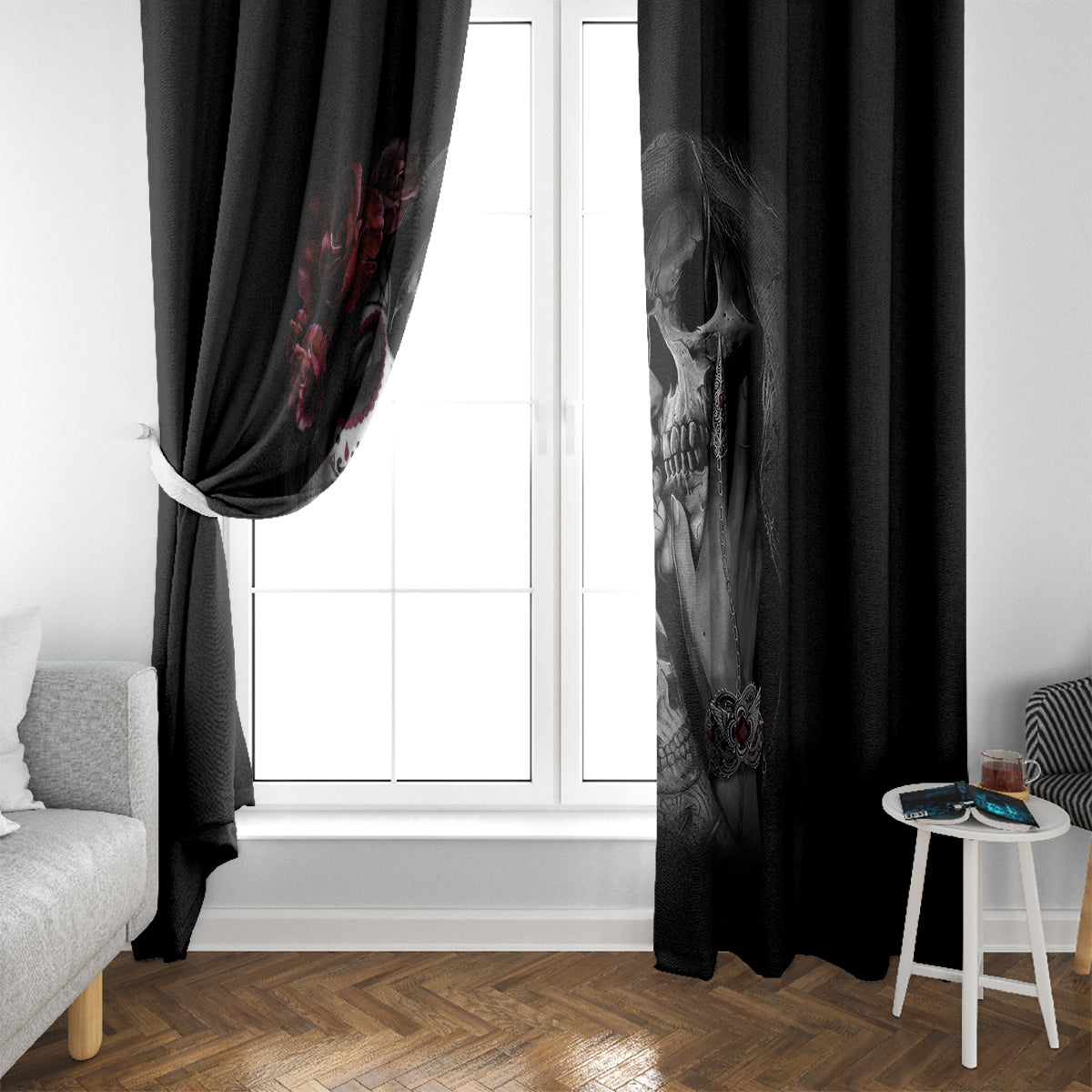Skull Window Curtain Death Angel And Da de Muertos Girl - Wonder Print Shop