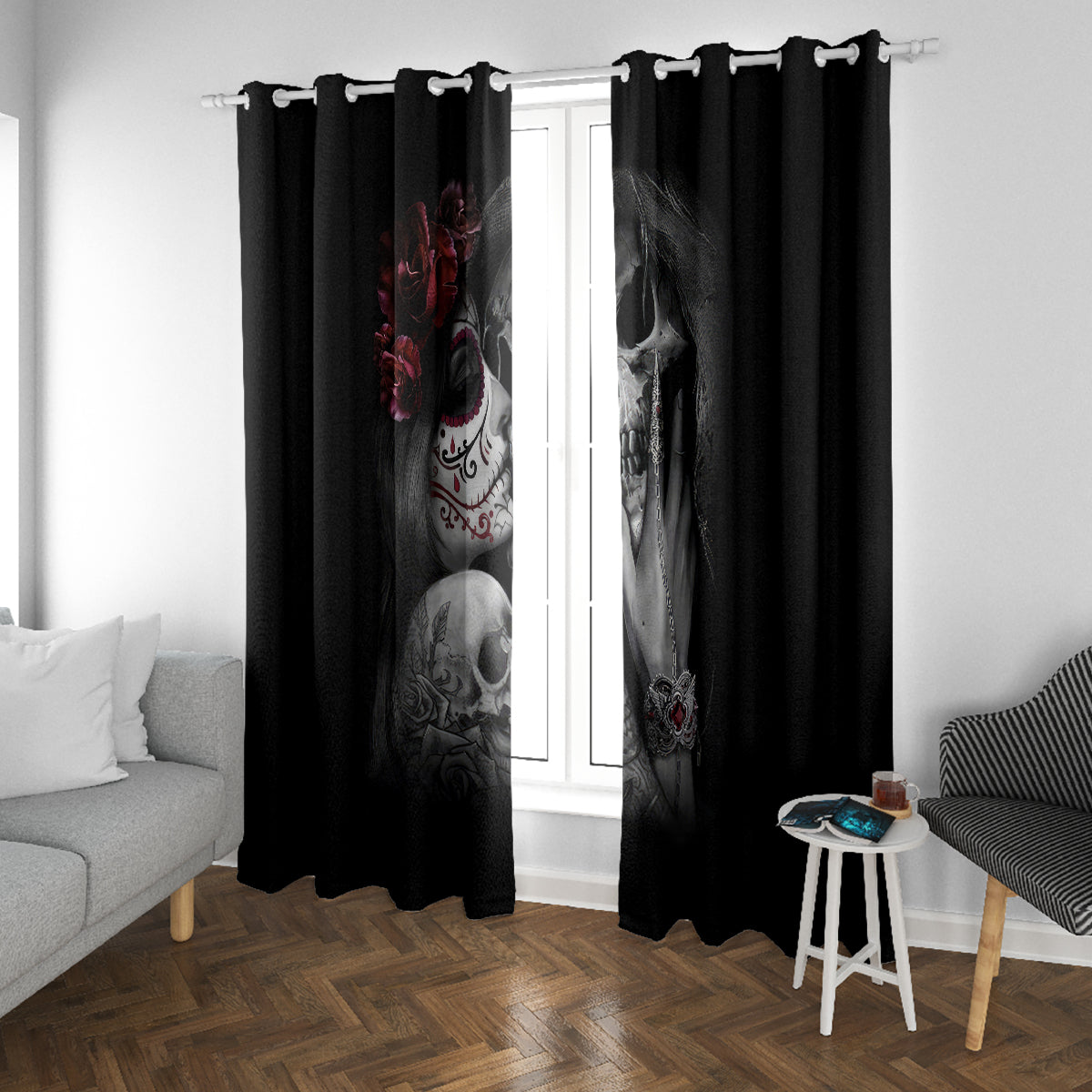 Skull Window Curtain Death Angel And Da de Muertos Girl - Wonder Print Shop