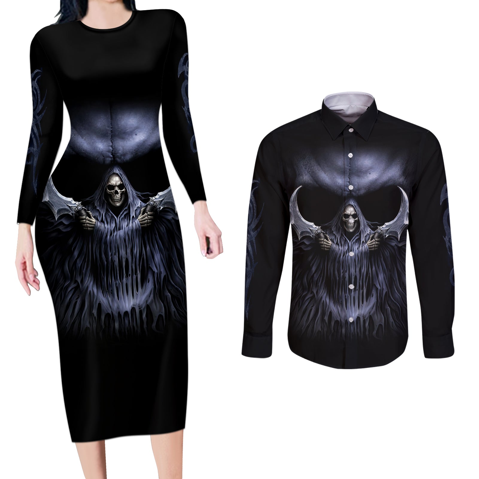 Skull Couples Matching Long Sleeve Bodycon Dress and Long Sleeve Button Shirts Purple Death Reaper - Wonder Print Shop
