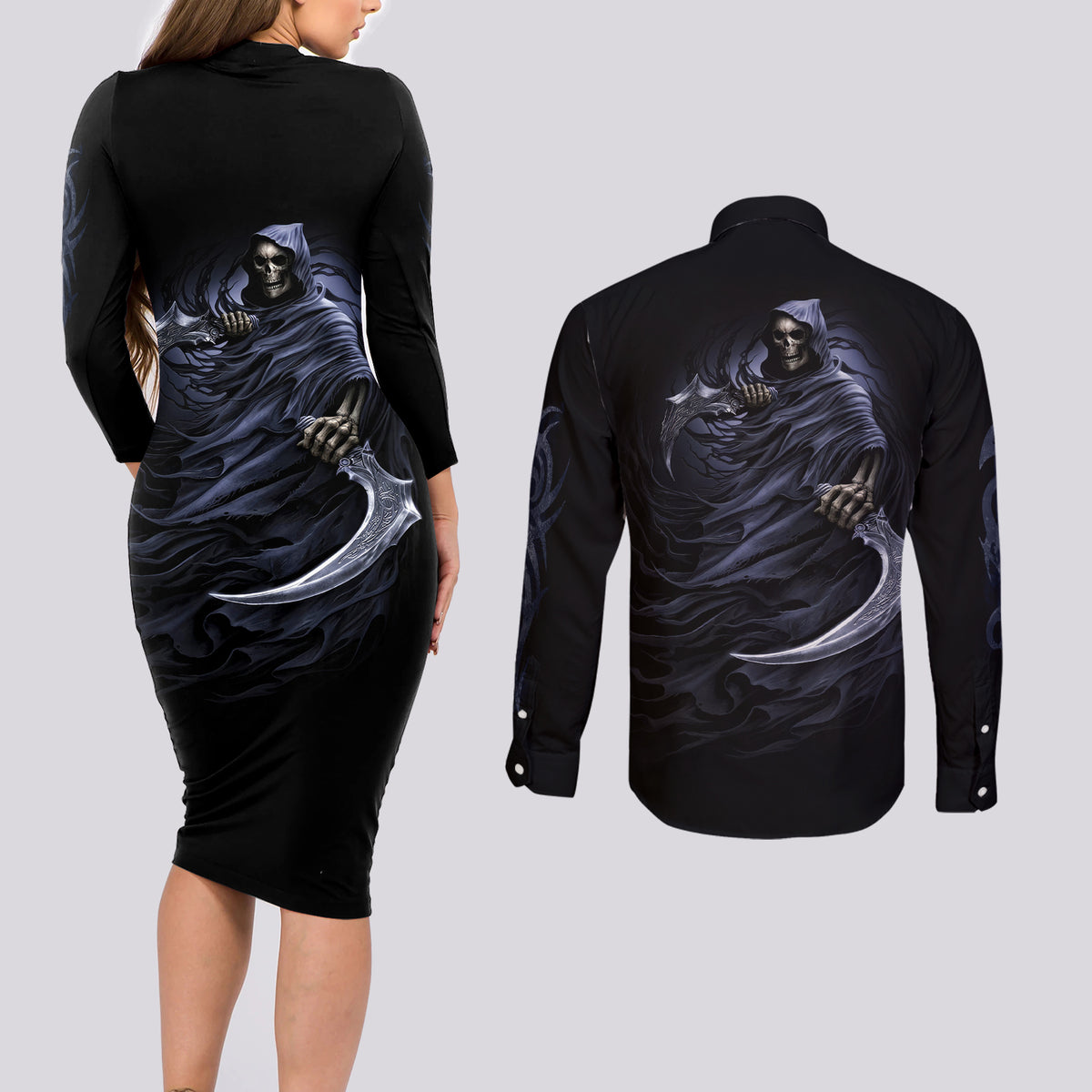 Skull Couples Matching Long Sleeve Bodycon Dress and Long Sleeve Button Shirts Purple Death Reaper - Wonder Print Shop