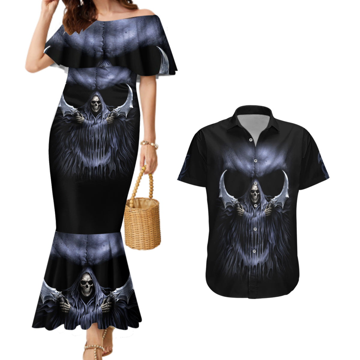 Skull Couples Matching Mermaid Dress And Hawaiian Shirt Purple Death Reaper - Wonder Print Shop