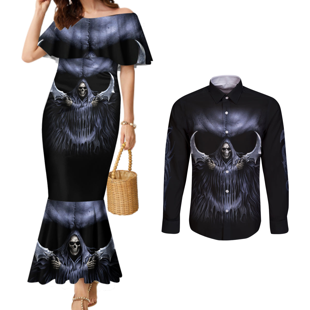 Skull Couples Matching Mermaid Dress and Long Sleeve Button Shirts Purple Death Reaper DT01