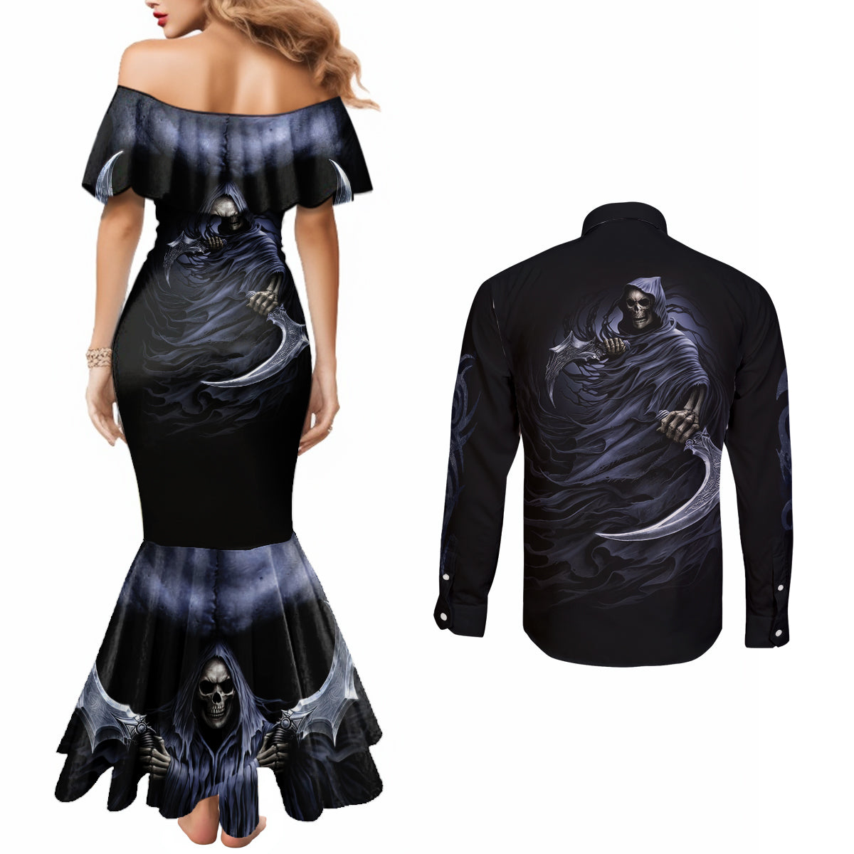 Skull Couples Matching Mermaid Dress and Long Sleeve Button Shirts Purple Death Reaper DT01
