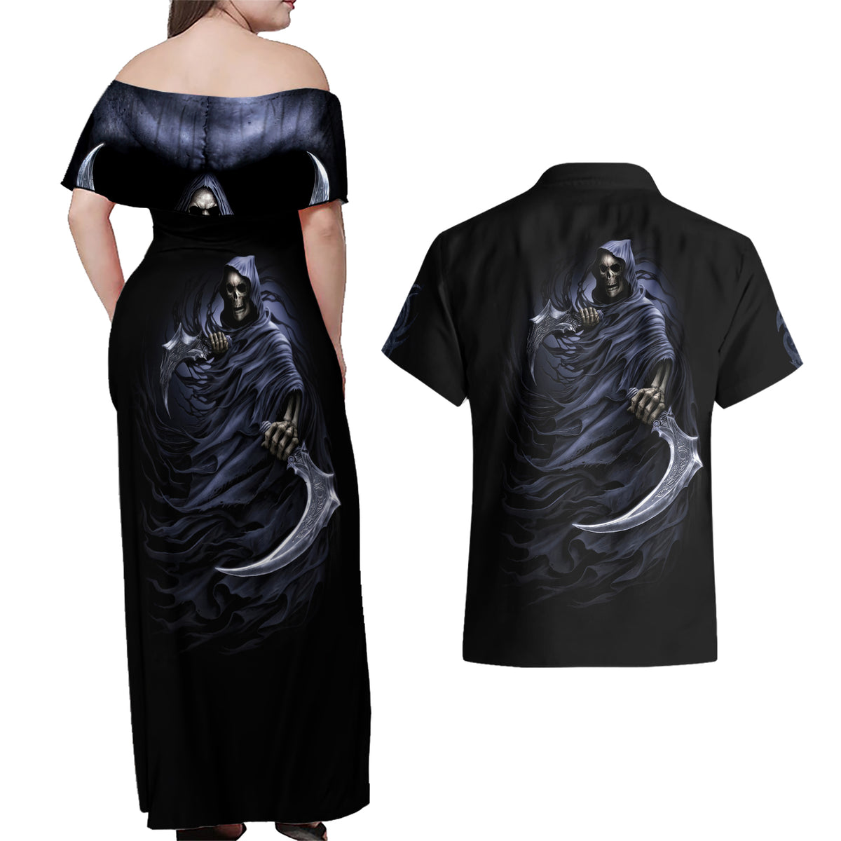 Skull Couples Matching Off Shoulder Maxi Dress and Hawaiian Shirt Purple Death Reaper - Wonder Print Shop