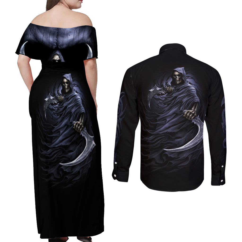 Skull Couples Matching Off Shoulder Maxi Dress and Long Sleeve Button Shirts Purple Death Reaper - Wonder Print Shop