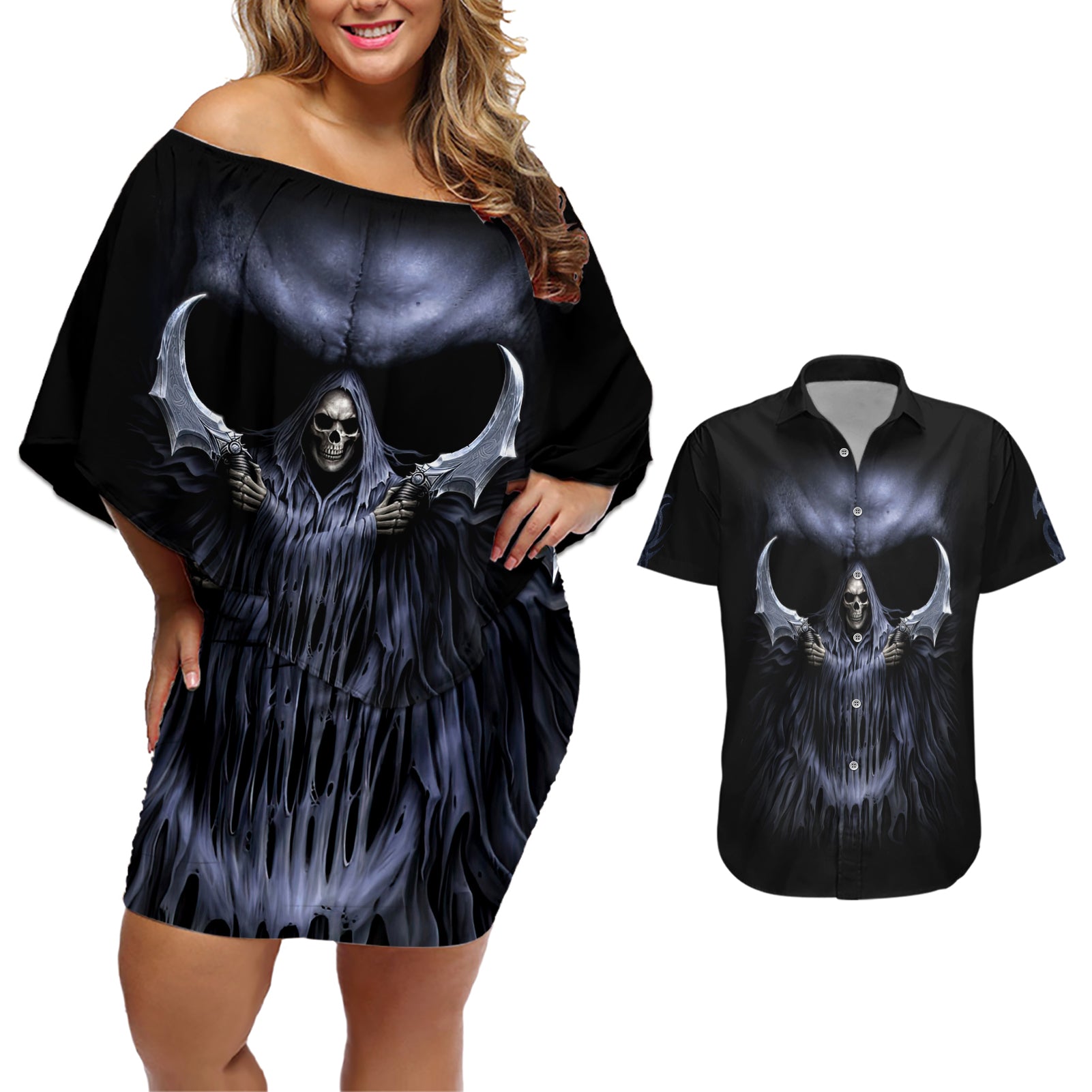 Skull Couples Matching Off Shoulder Short Dress and Hawaiian Shirt Purple Death Reaper - Wonder Print Shop