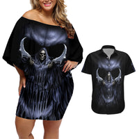 Skull Couples Matching Off Shoulder Short Dress and Hawaiian Shirt Purple Death Reaper - Wonder Print Shop