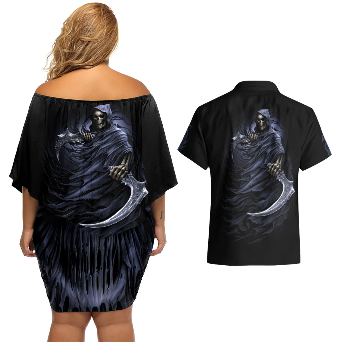Skull Couples Matching Off Shoulder Short Dress and Hawaiian Shirt Purple Death Reaper - Wonder Print Shop