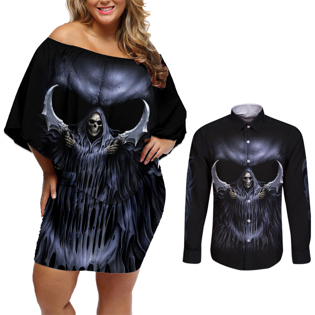 Skull Couples Matching Off Shoulder Short Dress and Long Sleeve Button Shirts Purple Death Reaper - Wonder Print Shop