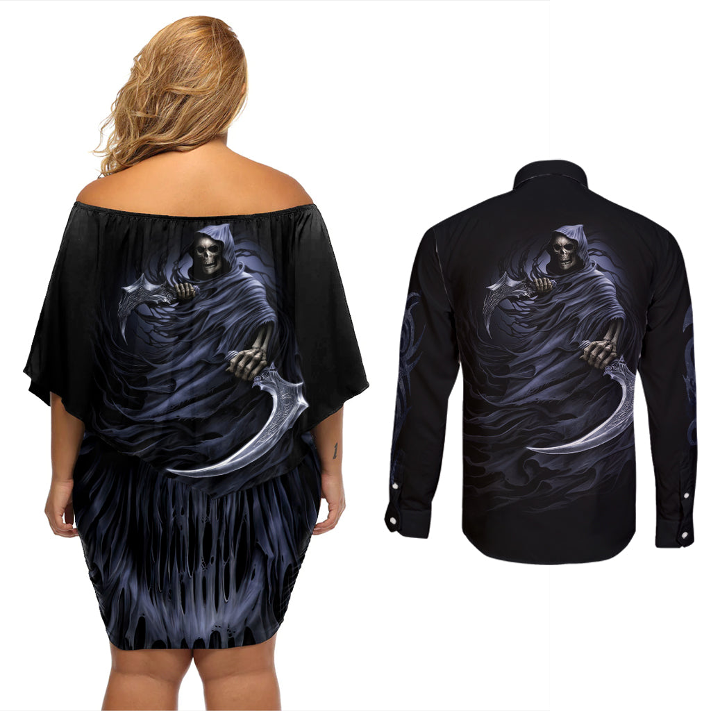 Skull Couples Matching Off Shoulder Short Dress and Long Sleeve Button Shirts Purple Death Reaper - Wonder Print Shop