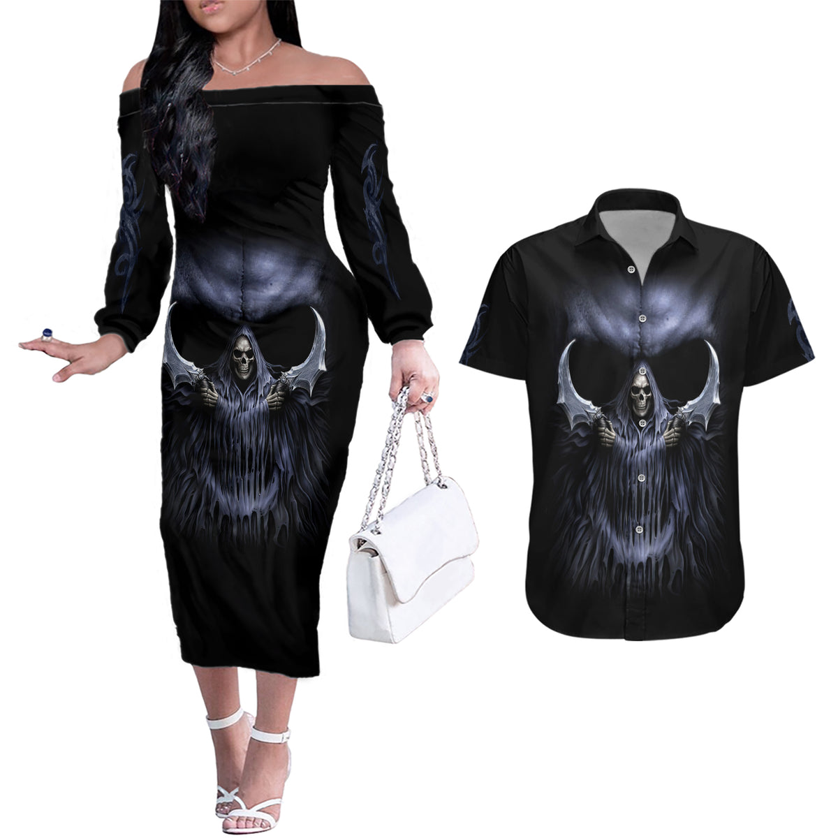 Skull Couples Matching Off The Shoulder Long Sleeve Dress and Hawaiian Shirt Purple Death Reaper - Wonder Print Shop