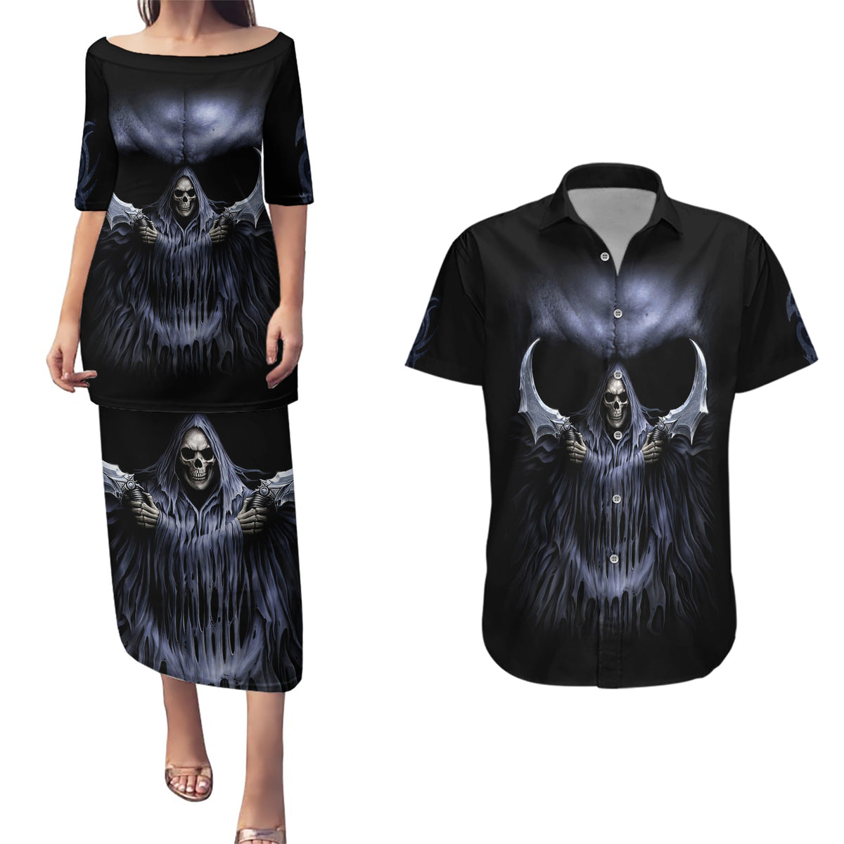 Skull Couples Matching Puletasi Dress and Hawaiian Shirt Purple Death Reaper - Wonder Print Shop