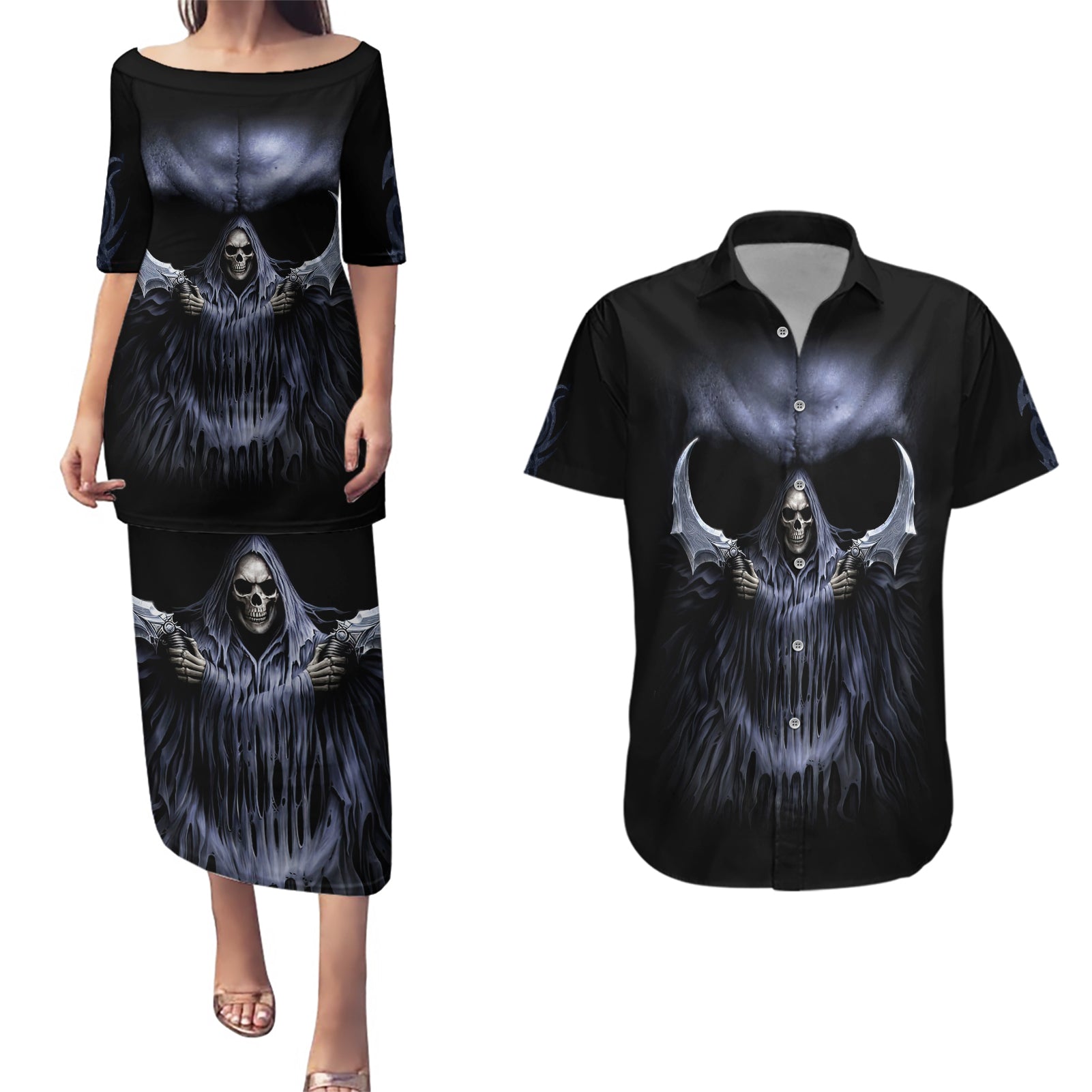 Skull Couples Matching Puletasi Dress and Hawaiian Shirt Purple Death Reaper - Wonder Print Shop