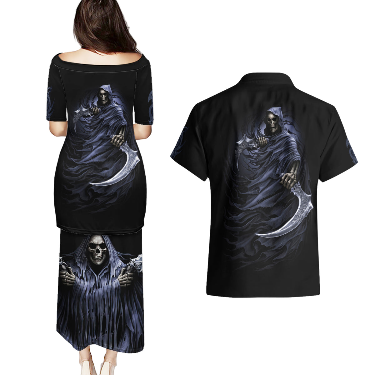 Skull Couples Matching Puletasi Dress and Hawaiian Shirt Purple Death Reaper - Wonder Print Shop