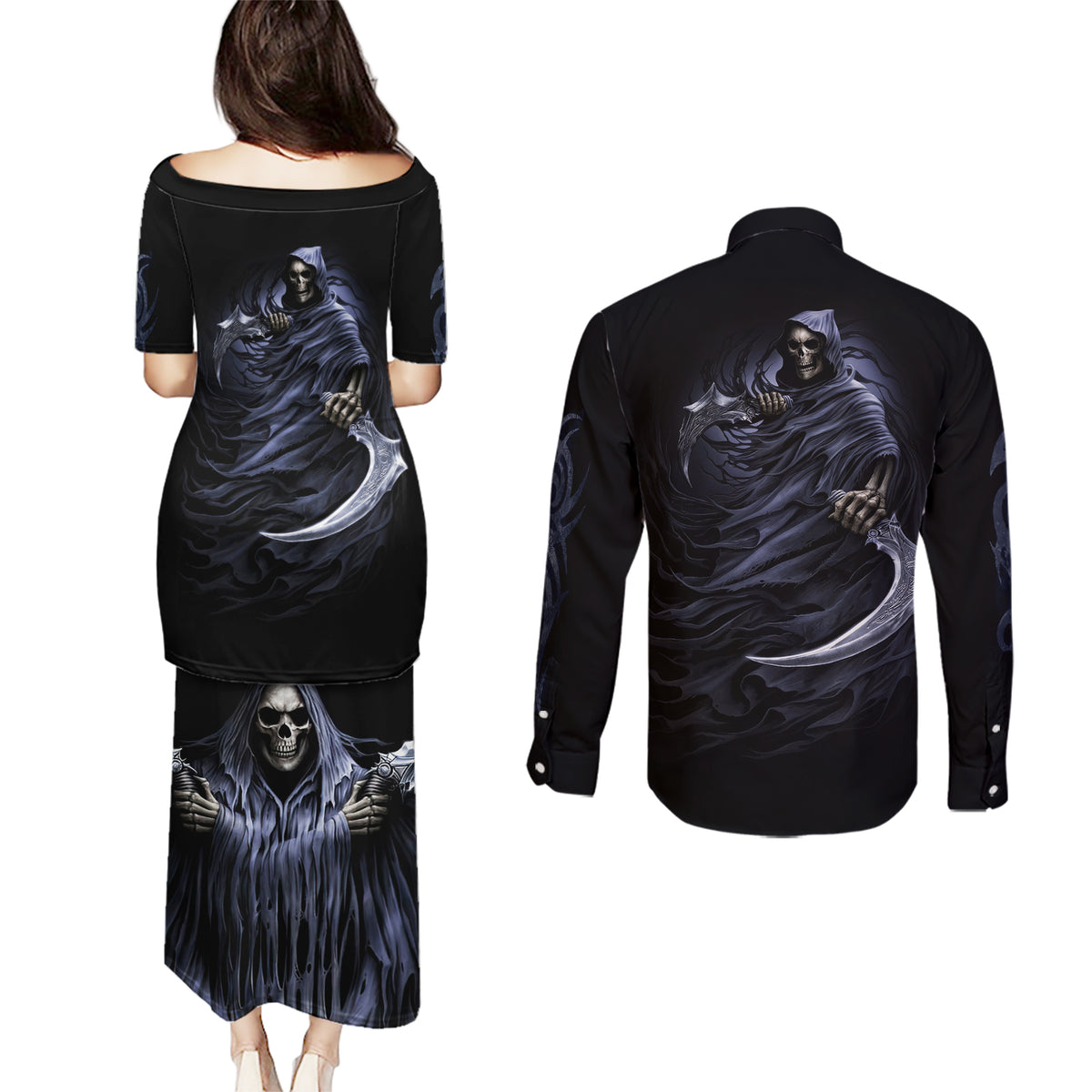 Skull Couples Matching Puletasi Dress and Long Sleeve Button Shirts Purple Death Reaper - Wonder Print Shop