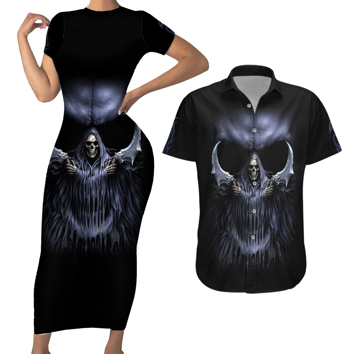 Skull Couples Matching Short Sleeve Bodycon Dress and Hawaiian Shirt Purple Death Reaper - Wonder Print Shop