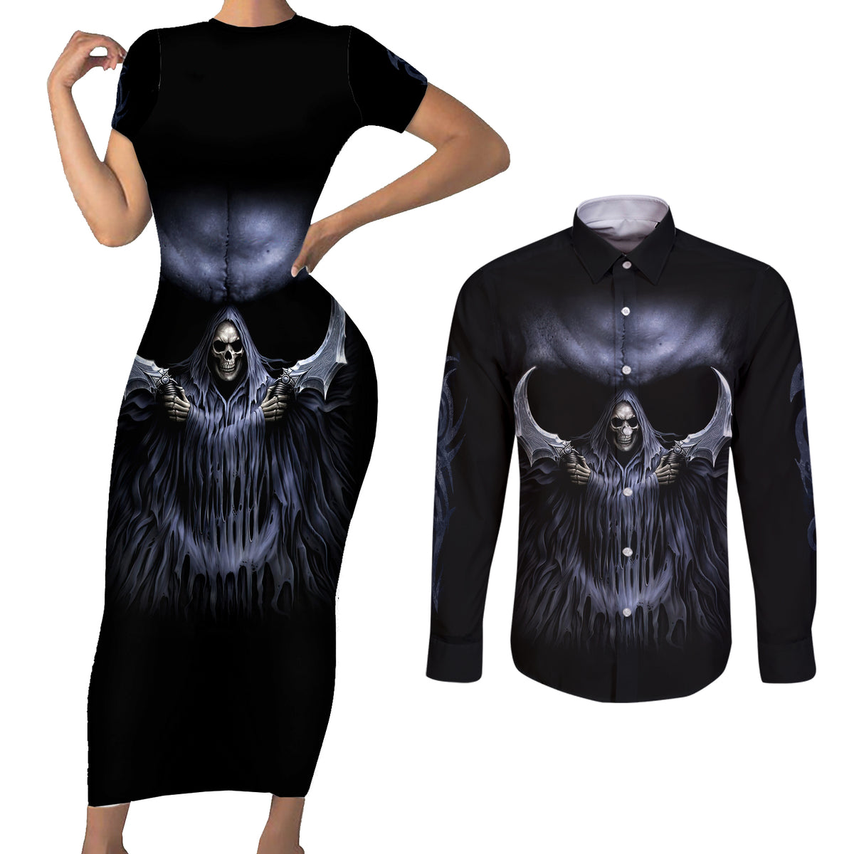 Skull Couples Matching Short Sleeve Bodycon Dress and Long Sleeve Button Shirts Purple Death Reaper - Wonder Print Shop