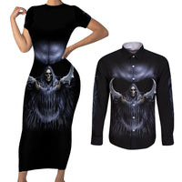 Skull Couples Matching Short Sleeve Bodycon Dress and Long Sleeve Button Shirts Purple Death Reaper - Wonder Print Shop