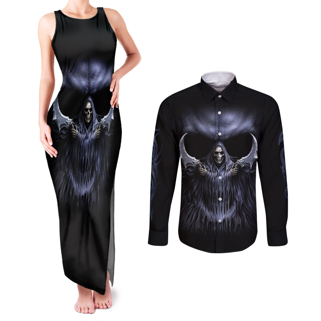 Skull Couples Matching Tank Maxi Dress and Long Sleeve Button Shirts Purple Death Reaper - Wonder Print Shop
