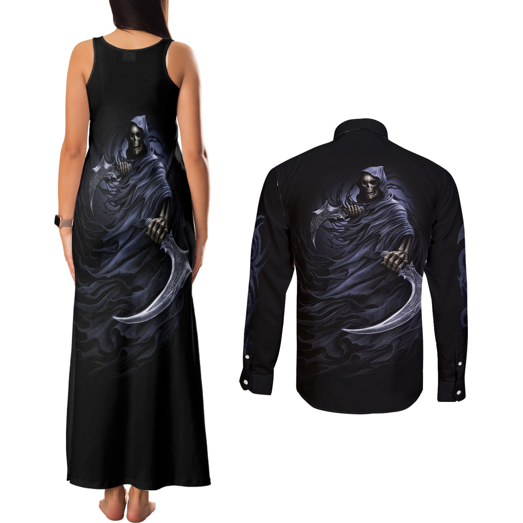 Skull Couples Matching Tank Maxi Dress and Long Sleeve Button Shirts Purple Death Reaper - Wonder Print Shop