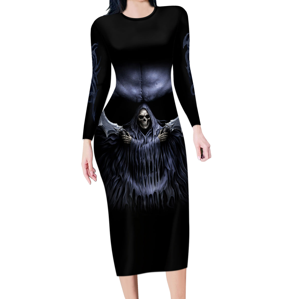Skull Long Sleeve Bodycon Dress Purple Death Reaper - Wonder Print Shop