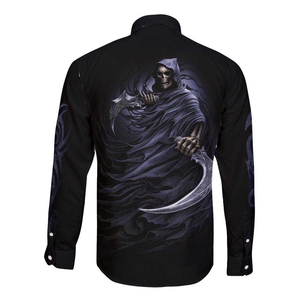 Skull Long Sleeve Button Shirt Purple Death Reaper - Wonder Print Shop