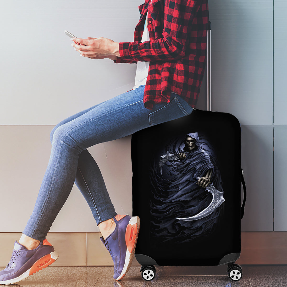 Skull Luggage Cover Purple Death Reaper - Wonder Print Shop