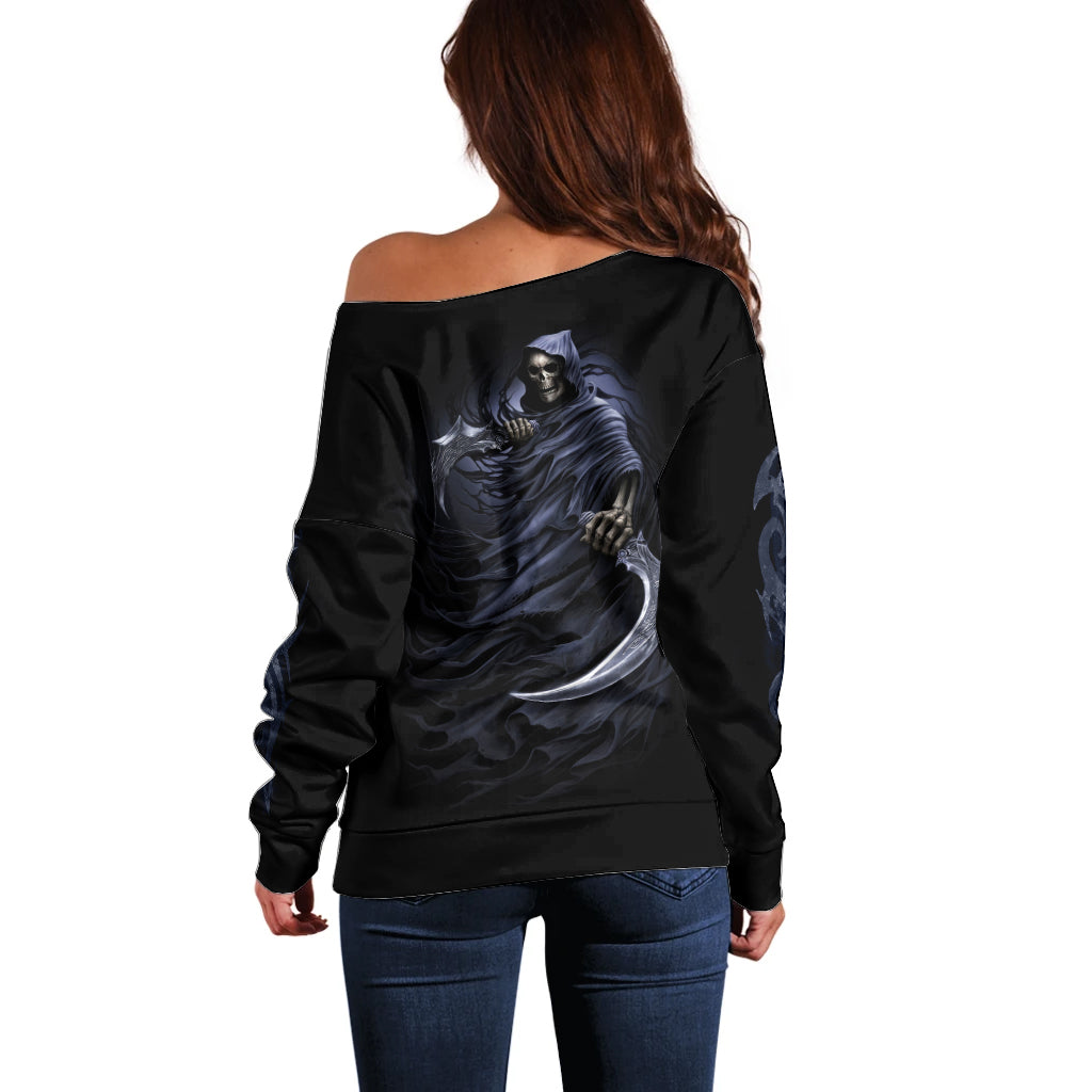 Skull Off Shoulder Sweater Purple Death Reaper - Wonder Print Shop