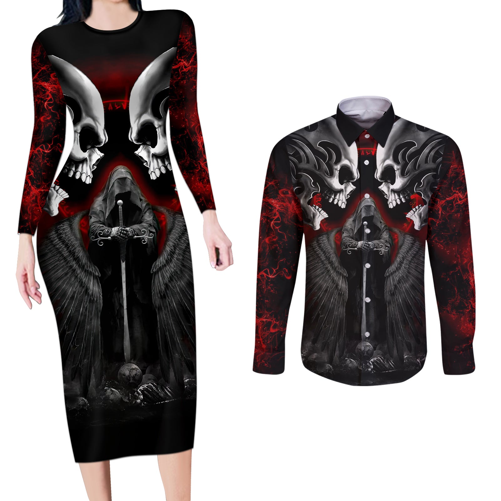 Skull Couples Matching Long Sleeve Bodycon Dress and Long Sleeve Button Shirts Double Skull And Death Angel - Wonder Print Shop