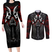 Skull Couples Matching Long Sleeve Bodycon Dress and Long Sleeve Button Shirts Double Skull And Death Angel - Wonder Print Shop