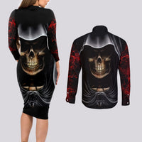 Skull Couples Matching Long Sleeve Bodycon Dress and Long Sleeve Button Shirts Double Skull And Death Angel - Wonder Print Shop