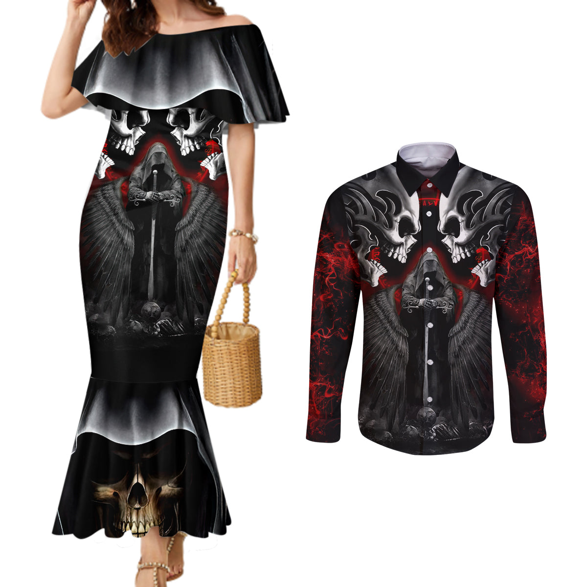 Skull Couples Matching Mermaid Dress and Long Sleeve Button Shirts Double Skull And Death Angel DT01