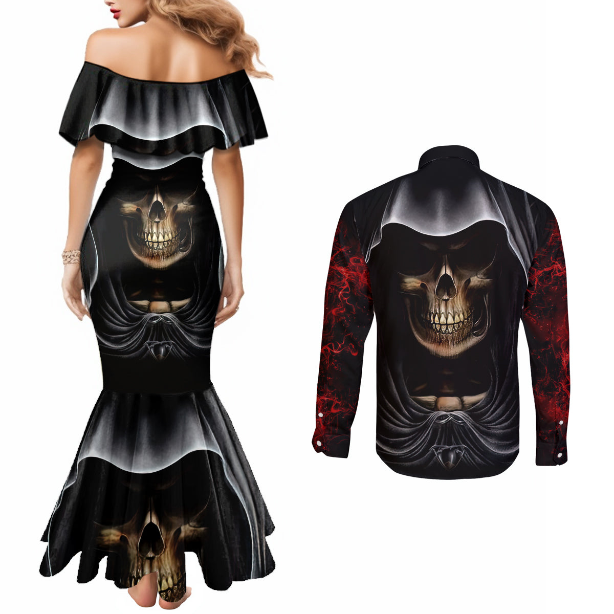 Skull Couples Matching Mermaid Dress and Long Sleeve Button Shirts Double Skull And Death Angel DT01