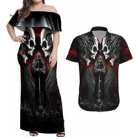 Skull Couples Matching Off Shoulder Maxi Dress and Hawaiian Shirt Double Skull And Death Angel - Wonder Print Shop